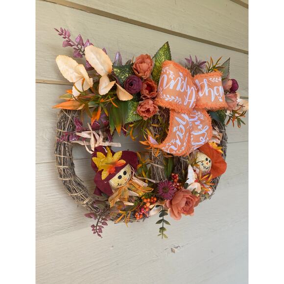 Fall Pumpkin Bamboo Wreath with Scarecrows, Thankful Bow & Autumn Florals - Picture 2 of 9